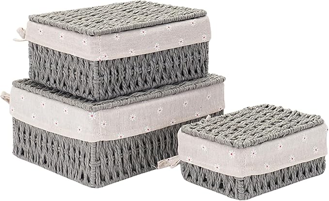 GIB Small Wicker Storage Baskets with Lids and Liner, Rectangular Paper Rope Woven Baskets for Organizing, Decorative Boxes Boho Decor for Shelves Table Desktop Makeup Organizer, Set of 3, Grey