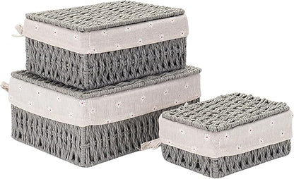 GIB Small Wicker Storage Baskets with Lids and Liner, Rectangular Paper Rope Woven Baskets for Organizing, Decorative Boxes Boho Decor for Shelves Table Desktop Makeup Organizer, Set of 3, Grey