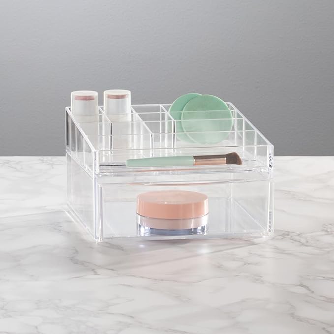 mDesign Plastic Divided Makeup Organizer Holder Bin with Front Drawer for Bathroom Vanity, Countertop Storage - Cosmetic Organization Holds Palettes, Brushes, Accessories - Cadi Collection - Clear