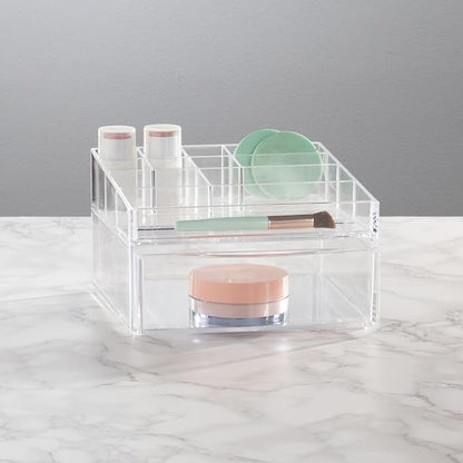 mDesign Plastic Divided Makeup Organizer Holder Bin with Front Drawer for Bathroom Vanity, Countertop Storage - Cosmetic Organization Holds Palettes, Brushes, Accessories - Cadi Collection - Clear