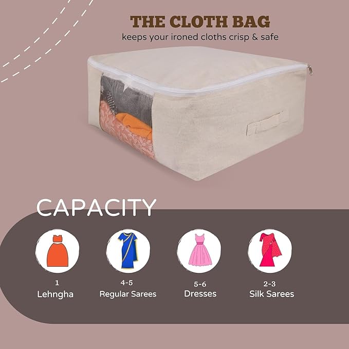 Canvas Storage Bag - Saree Covers with Zip | Canvas Saree/Garment Storage Bag for Dresses, Sarees, Lehengas, Clothes (CANVAS STORAGE BAG L-PACK OF 5, 15 × 13 × 9 Inches PACK OF 5)