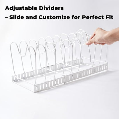 White Plate Stacker for Inside a Cabinet – Expandable 10-Slot Vertical Plate Organizer and Adjustable Dish Rack – Heavy-Duty Metal Cabinet Storage for Plates, Lids, and Cutting Boards
