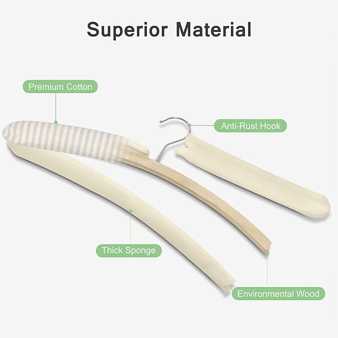 Padded Hangers for Women Clothing Men Sweaters, GLCON 17 Inches Satin Coat Hangers No Bump Fabric Foam Wood Cover, Anti-Slip Thick Clothes Hanger for Adult Wedding Dress Pants (Stripe, 8 Pack)
