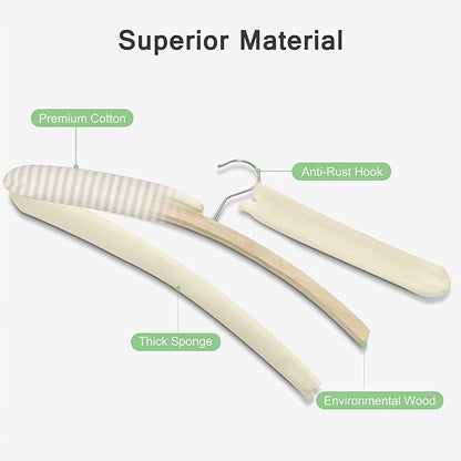 Padded Hangers for Women Clothing Men Sweaters, GLCON 17 Inches Satin Coat Hangers No Bump Fabric Foam Wood Cover, Anti-Slip Thick Clothes Hanger for Adult Wedding Dress Pants (Stripe, 8 Pack)