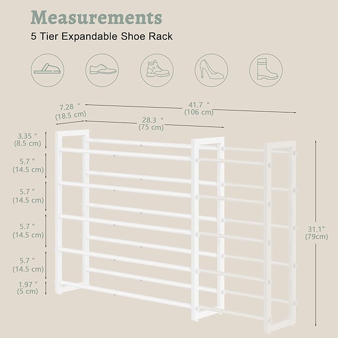 FAVOOSTY 5-Tier Expandable Shoe Rack, Adjustable Shoe Shelf Storage Organizer Space Saving Metal Free Standing Shoe Rack for Entryway Closet Doorway, Silver Grey (White, 5 Tier)
