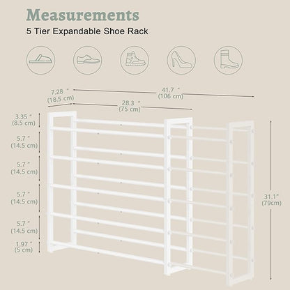 FAVOOSTY 5-Tier Expandable Shoe Rack, Adjustable Shoe Shelf Storage Organizer Space Saving Metal Free Standing Shoe Rack for Entryway Closet Doorway, Silver Grey (White, 5 Tier)