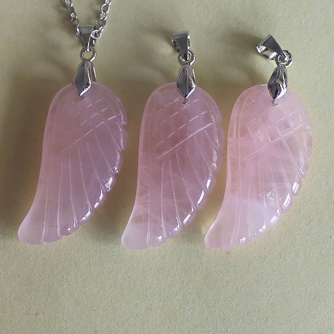 35mm Hand carved mixed gemstom angel wing for necklace pendant bead (rose quartz)