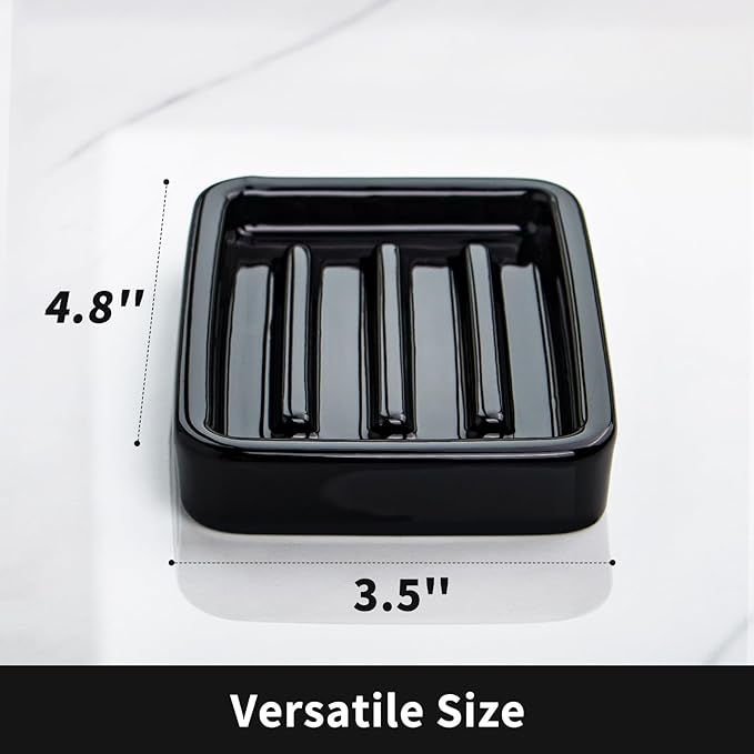 Ceramic Soap Dish with Raised Ridges, Rectangle Soap Tray, Decorative Soap Holder for Bathroom Counter, Shower and Kitchen Sink, Black