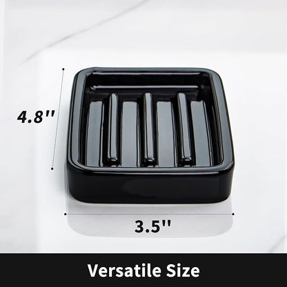 Ceramic Soap Dish with Raised Ridges, Rectangle Soap Tray, Decorative Soap Holder for Bathroom Counter, Shower and Kitchen Sink, Black