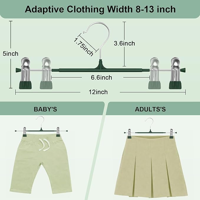 POZEAN Pants Hangers with Clips for Women 30 Pack, 12Inch Adjustable Heavy Duty Skirt Hangers, Space Saving Non-Slip Shorts Jeans Trousers Clothes Hangers, Green