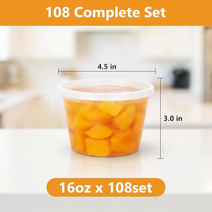 NESCCI 108 Sets (216-Piece) Deli Containers with Lids,16oz X 108 Set Each, Leak-Proof & BPA Free Airtight Takeout Plastic Food Storage Containers for Soup, Meal Prep, Microwave/Freezer Safe