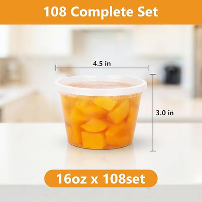 NESCCI 108 Sets (216-Piece) Deli Containers with Lids,16oz X 108 Set Each, Leak-Proof & BPA Free Airtight Takeout Plastic Food Storage Containers for Soup, Meal Prep, Microwave/Freezer Safe