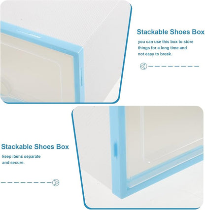 6pcs Stackable Thickened Plastic Shoe Boxes with Blue Frame Shoe Storage Containers for Women’s Closet Organization and Storage