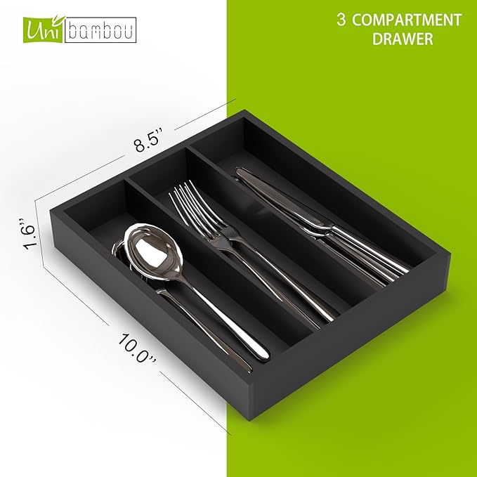 Unibambou Bamboo Utensil Drawer Organizer, Silverware Tray Organizer, Kitchen Drawer Organizer for Flatware Cutlery (Black, 3 Slots)
