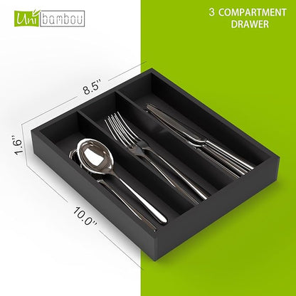 Unibambou Bamboo Utensil Drawer Organizer, Silverware Tray Organizer, Kitchen Drawer Organizer for Flatware Cutlery (Black, 3 Slots)