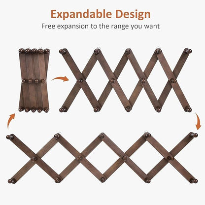 Accordion Wall Hanger, Hat Rack for Wall with 14 Coat Hooks, Expandable Hat Hangers Organizer, Vintage Decorative Coat Rack Wall Mount for Purse, Mug (Brown)