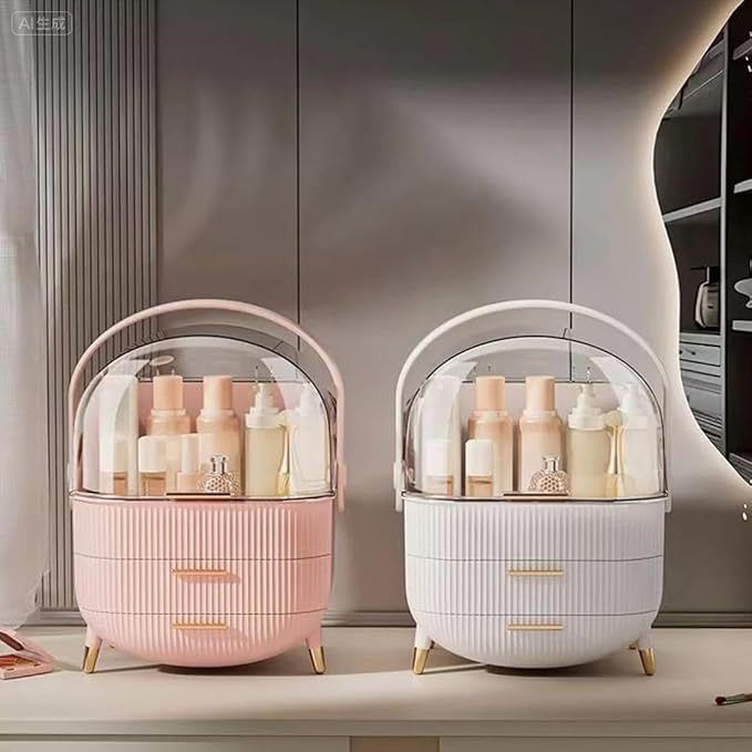 Makeup Organizer with Drawers & Lid - Portable Large Cosmetic Storage Case for Vanity Countertop, Travel, Gift for Women, Girls, 11"×7"×15", Pink