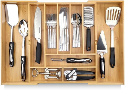 Pristine Bamboo Silverware Organizer - Expandable Kitchen Drawer Organizer - Adjustable Kitchen Drawer Organizer for Utensils, Expandable to 22 Inches Wide, 10 Compartments, Silverware Tray for Drawer