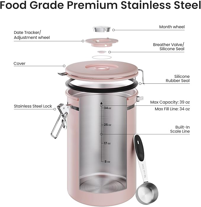Veken Coffee Canister, 39OZ Large, Airtight Stainless Steel Food Storage Container for 2.2lbs Coffee Beans, Ground, Sugar, Tea, Cookie,Flour, Kitchen Bar Accessories with Date Tracker & Scoop, Pink