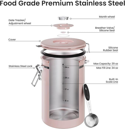 Veken Coffee Canister, 39OZ Large, Airtight Stainless Steel Food Storage Container for 2.2lbs Coffee Beans, Ground, Sugar, Tea, Cookie,Flour, Kitchen Bar Accessories with Date Tracker & Scoop, Pink