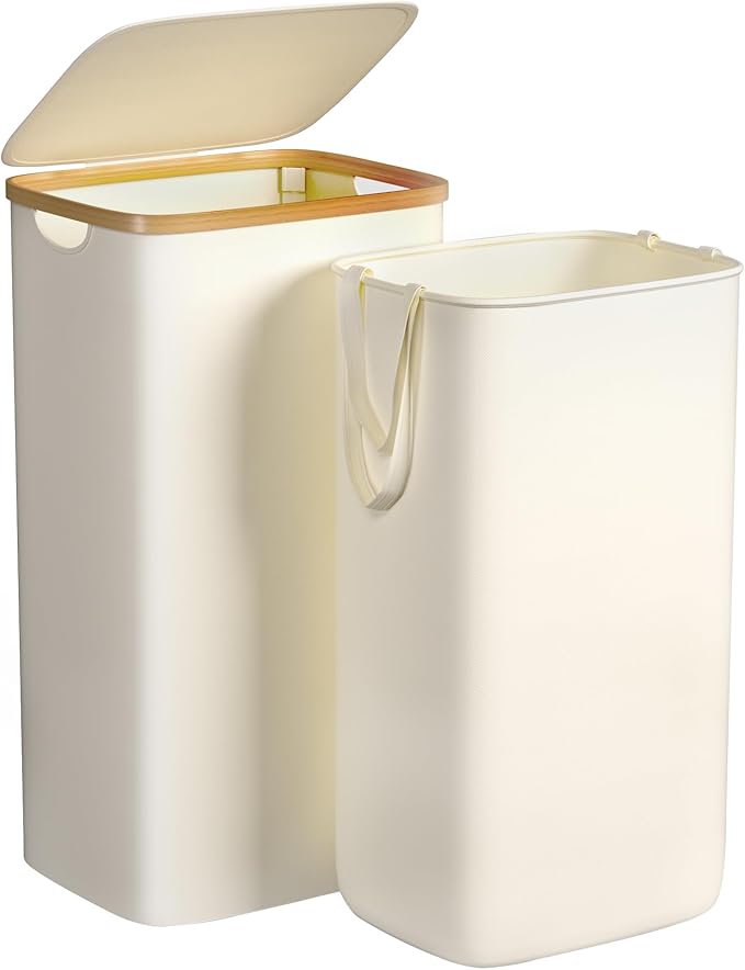 Foluck Large Laundry Hamper, 100L Waterproof Laundry Basket with Lid and Removable Bag, Collapsible Tall Clothes Hamper with Bamboo Handles for Clothes Toys in Dorm Bedroom Bathroom, Beige
