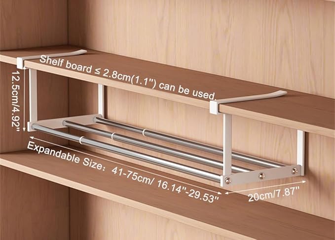 Expandable Shoe Rack Closet Hanging Organizer 16.14''-29.53'' Metal Adjustable Under Cabinet Storage Shelf Space Saving for Kitchen Pantry Room Dorm, Silver + White, 1 Pack