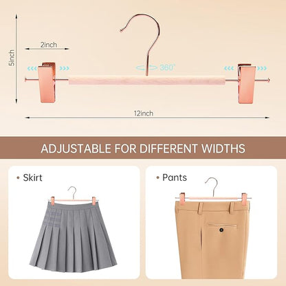 Wooden Pants Hangers with Clips 24 Pack, Heavy Duty Adjustable Clip Non Slip Skirt Hanger for Jeans, Trousers, Short, Clothes, Space Saving Closet Organizer (Rose Gold, 24 Pack)