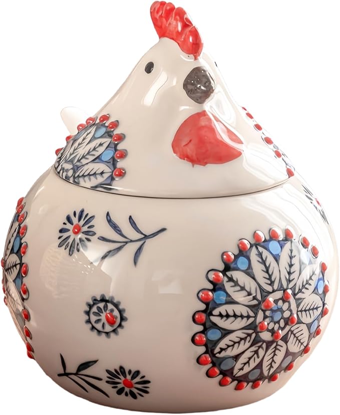 Ceramic Salt Cellar with Lid and Spoon, 13 OZ Large Chicken Salt Jar, Salt Holder for Counter, Coffee, Sugar, Spices and Candies, Salt Containers for Countertop (Blue)