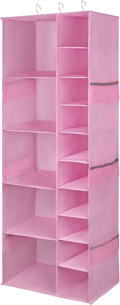 Libeder Shoe Organizer for Closet, 15 Shelf Hanging Closet Storage Shelves - 10 Shoe Rack Organizer and 5 Compartment for Clothes with 6 Side Mesh Pockets for Scarves Socks,Gloves Pink
