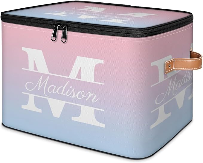 Custom Storage Bins with Initial Name, Personalized Storage Basket Boxes with Lid, Foldable Shelf Basket, Blue Pink Gradient