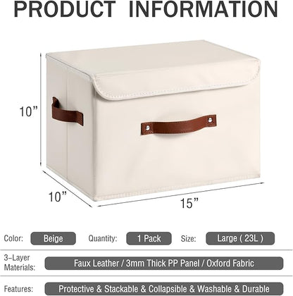Storage Bins Box with Lids Decorative PU Leather Fabric Baskets Cubes with Handles PP Plastic Board Foldable Washable Lidded Clothing Shelf Closet Organizer Container (Beige, Large)