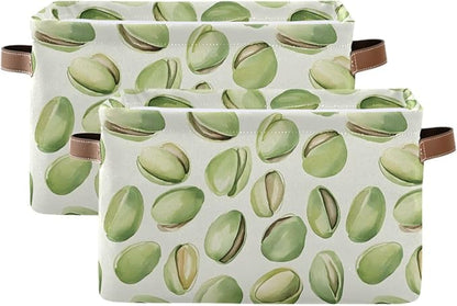 Large Storage Basket Pistachios Watercolor Green Storage Bin Cube Canvas Fabric Organizer Handles Collapsible for Clothes Toys Bedroom Decorative