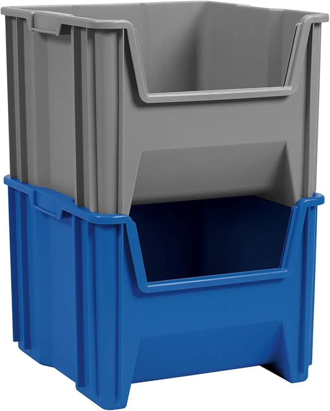 Akro-Mils 13018 Stak-N-Store Stackable Storage Bins, Heavy Duty Garage Storage Containers, Open Front Plastic Organizer for Tools, Shelves, Closet Organizer, 17-1/2" x 16-1/2" x 12-1/2", Gray, 2-Pack