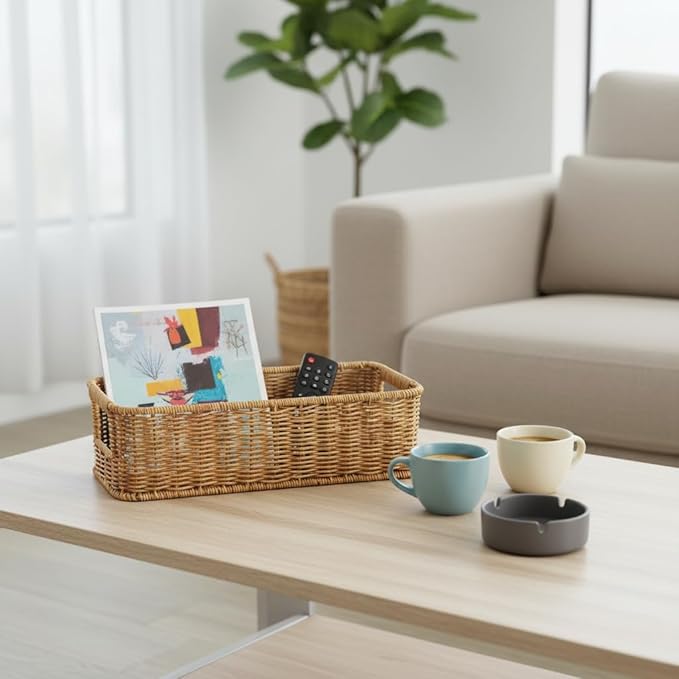 Toilet Paper Storage Basket, Small Wicker Shelf Basket Rectangle Pantry Baskets for Storage Organizer, Cute Baskets for Bathroom Bedroom Kitchen Shelves Decor (Beige)