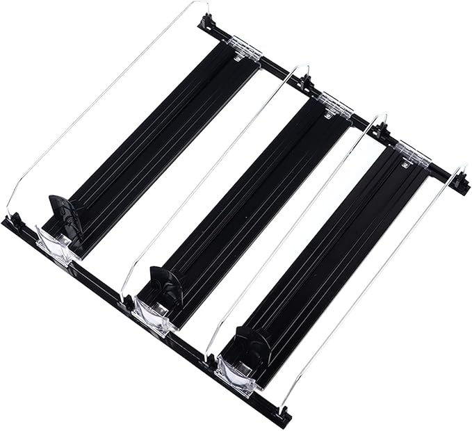 Self Pushing Soda Can Organizer: Fridge Drink Organizer with Automatic Pusher, Width Adjustable E for 12oz, 16oz, 20oz, 38cm (Black)