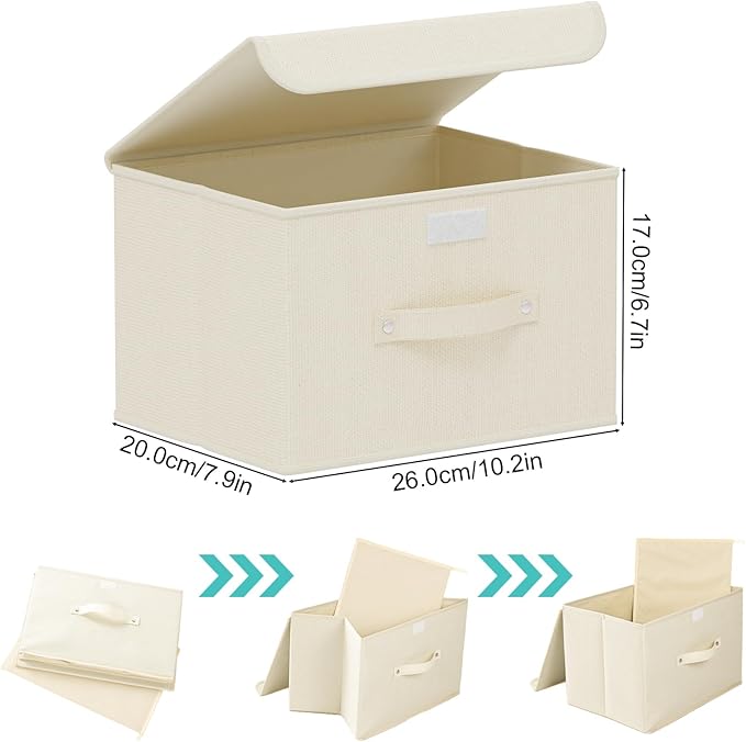 Fabric Storage Bins Cube Organizers with Flip-Top Lid and Handles, Storage Boxes for Organizing Home, Office, and Closet, Beige, 5 Pack 10.2 X 7.9 X 6.7 in