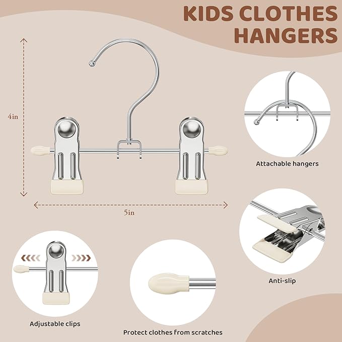 12 Pack Baby Hangers with Clips, 360°Rotatable Toddler Pant Hangers with Clips, Non-Slip Space Saving Kids Hanger for Newborn Children Clothes Skirts Boots Closet Organizers, Off-White