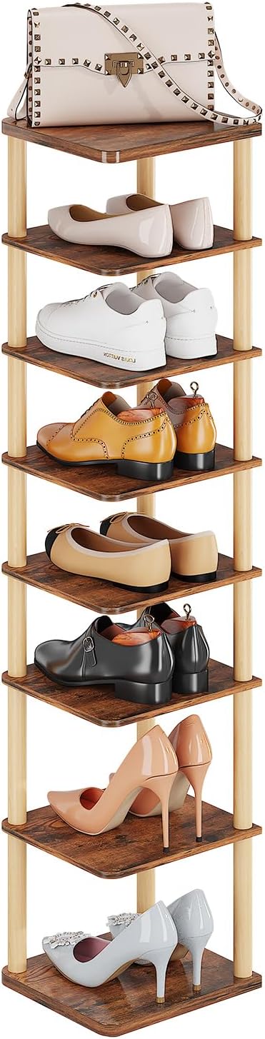 LUCKNOCK Vertical Shoe Rack, 8-Tier Tall Narrow Shoe Organizer for Entryway, Closet, Dorm & Small Spaces, Freestanding Wooden Shoe Shelf Tower for Boots, Sneakers, Heels. (Rustic Brown)