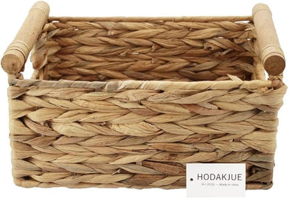 Storage Basket made by Water Hyacinth with Wood Handles, Arts and Crafts. (Medium)