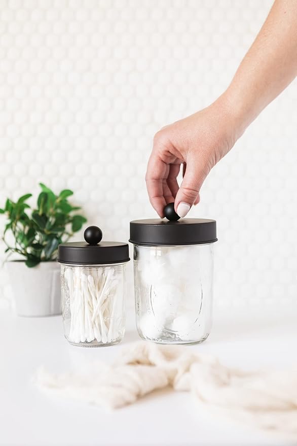Jarmazing Products Apothecary Lid Storage Set with Ball Mason Jars - Farmhouse Home Decor for Vanity Organization - Luxury Bathroom, Kitchen and Office Accessories - Black - Two Pack