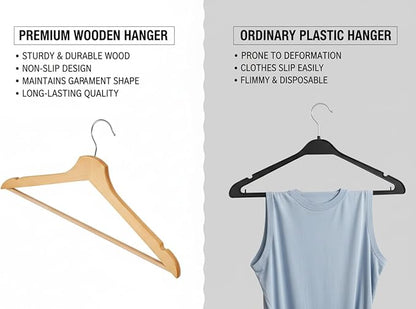Wooden Hangers 30 Pack - Slim Rotating Hook with Non-Slip Pant Bar Durable Space-Saving Closet Organizers for Suits, Shirts & Dresses