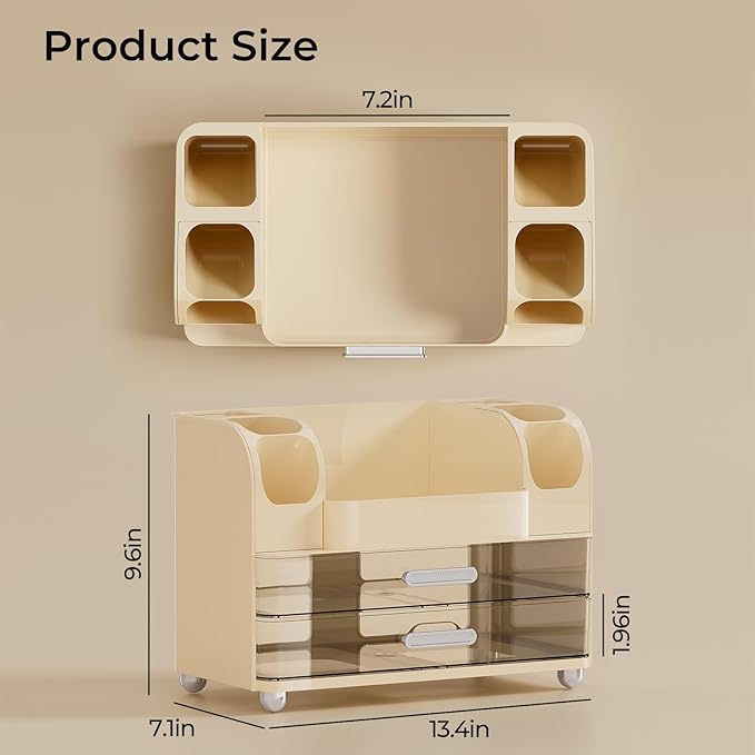 Makeup Organizer for Vanity with 2 Large Drawers, Cosmetic Display Case with Brush Holders, Easy to Storage for Bathroom Countertop Skincare, Perfume, Cream White