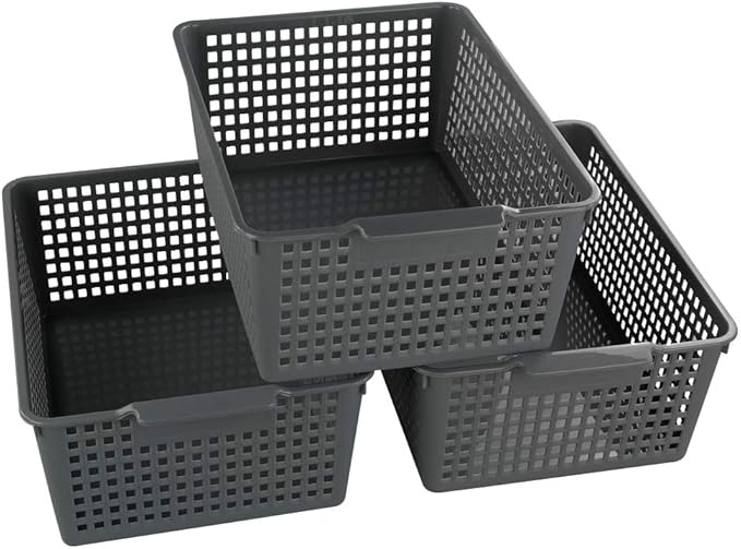 Ggbin Plastic Basket for Organizing, Grey Basket Bins, 13.8"x10.2"x5.7", Set of 3