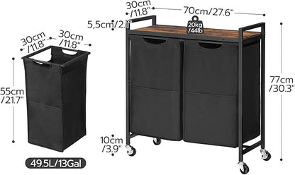 HOOBRO Laundry Hamper, Laundry Sorter 2 Section, 2 × 13 Gal (49.5L), Laundry Basket with Wheels, Rolling Cart, Pull-Out and Removable Oxford Fabric Bags, Rustic Brown and Black BF72XY01