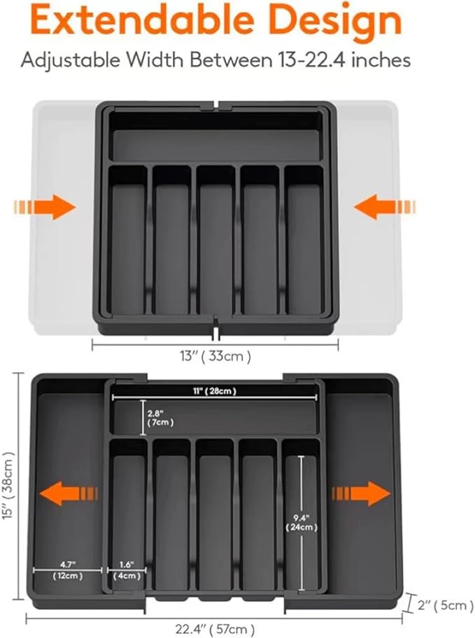 YWHWXB Silverware Drawer Organizer,Expandable Utensil Tray,Large Kitchen Drawer Organizer,Adjustable Plastic Flatware Organizer for Flatware Cutlery Spoon Knives Drawer Storage Organization (Black)