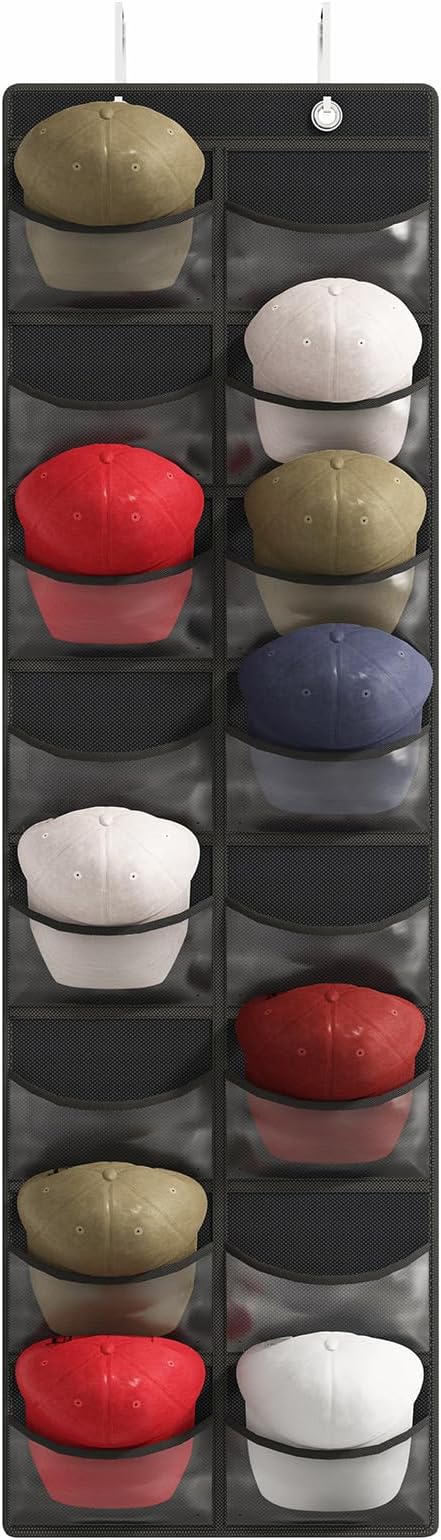 Fixwal Hat Organizer for Baseball Caps, 16 Pocket Over The Door Hat Rack For Storage Closet Wall, Cap Holder Hanger with Large Clear Pockets & 2 Hooks, Hat Storage to Protect and Display, Black