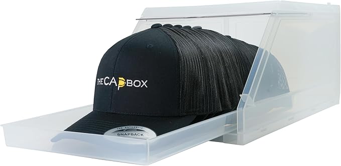 The CapBox 2.0 (2 Pack Clear) Hat Organizer for Baseball Caps, Stackable Sliding Tray Hat Rack & Hat Holder Hat Hanger Cap Storage Container 2 Yr. Warranty Anti Tilting & Tray Stopper (Clear)
