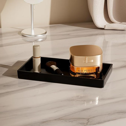 Vanity and Bathroom Tray, 7.7" ABS Countertop Organizer,Waterproof Vanity Tray for Toilet Tank,Perfume,Soap,Keys,Bathroom Accessories,Kitchen and Bath Trays,Non Slip Small Trays,Black,2 Pack