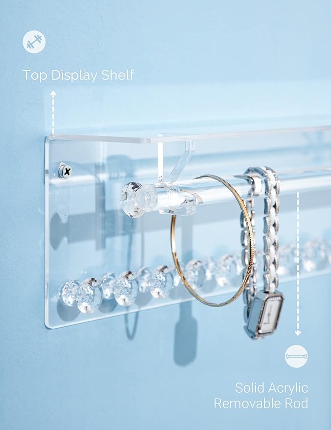 Mymazn 2 Pack Acrylic Necklace Holder with Shelf, 12 Diamond Shape Hooks and Removable Bracelet Rod, Wall Mounted Jewelry Organizer Hanging Rack Clear Jewelry Hangers