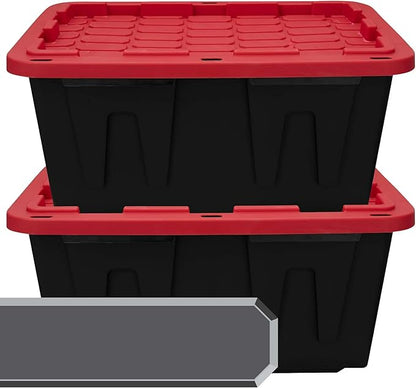 27-Gallon Storage Bin (2-Pack), Large Plastic Storage Container with Secure Snap-On Lid, Tote for Industrial and Home Organization, Black with Red Lid